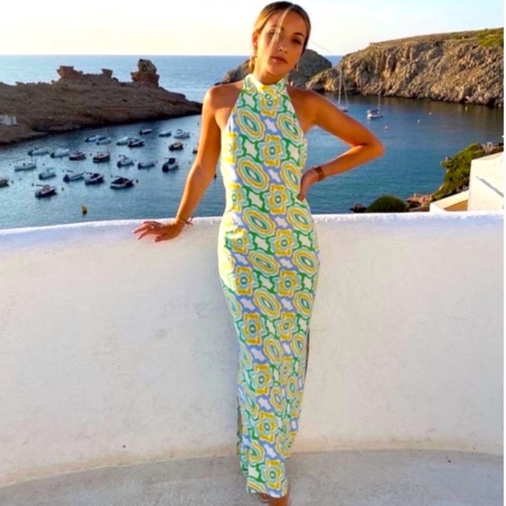 Zara Print Halter Midi Dress in Oyster White XS NWT